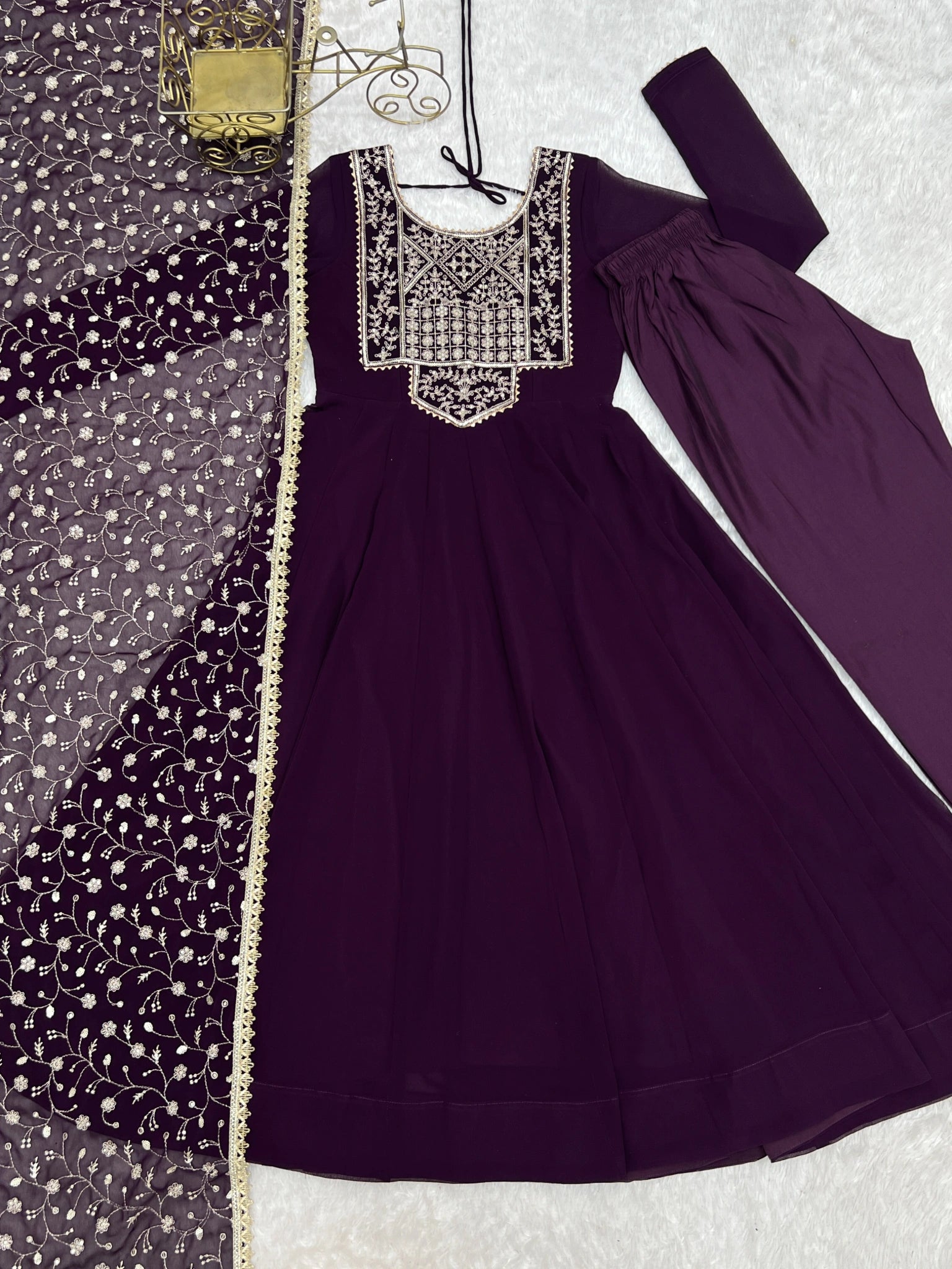 Wine Sequins Embroidered Suit flat lay full set complete suit pant dupatta – Kalyanja KU283