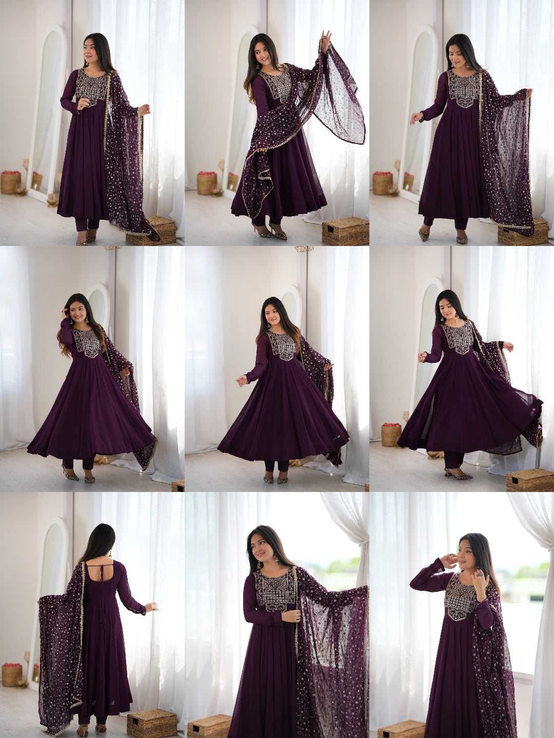 Wine Anarkali Suit with Zari Work multiple model poses collage – Kalyanja KU283