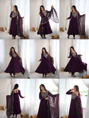 Wine Anarkali Suit with Zari Work multiple model poses collage – Kalyanja KU283