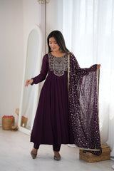 Wine Sequins Embroidered Suit full length front pose Anarkali dupatta spread – Kalyanja KU283