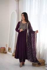 Wine Faux Blooming Georgette Anarkali Suit full length dupatta on one side – Kalyanja KU283