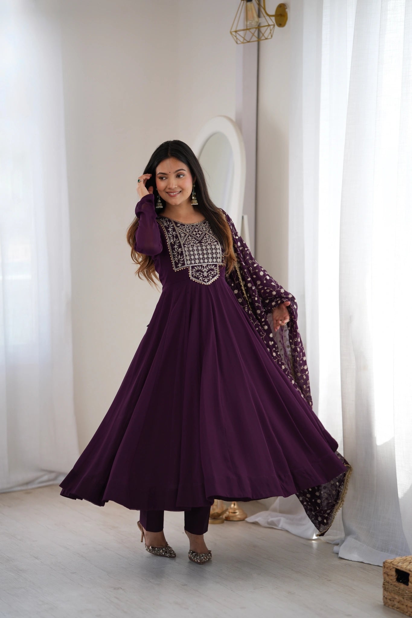 Wine Sequins Embroidered Suit full length hand raised dupatta flying – Kalyanja KU283