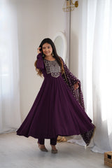 Wine Sequins Embroidered Suit full length hand raised dupatta flying – Kalyanja KU283