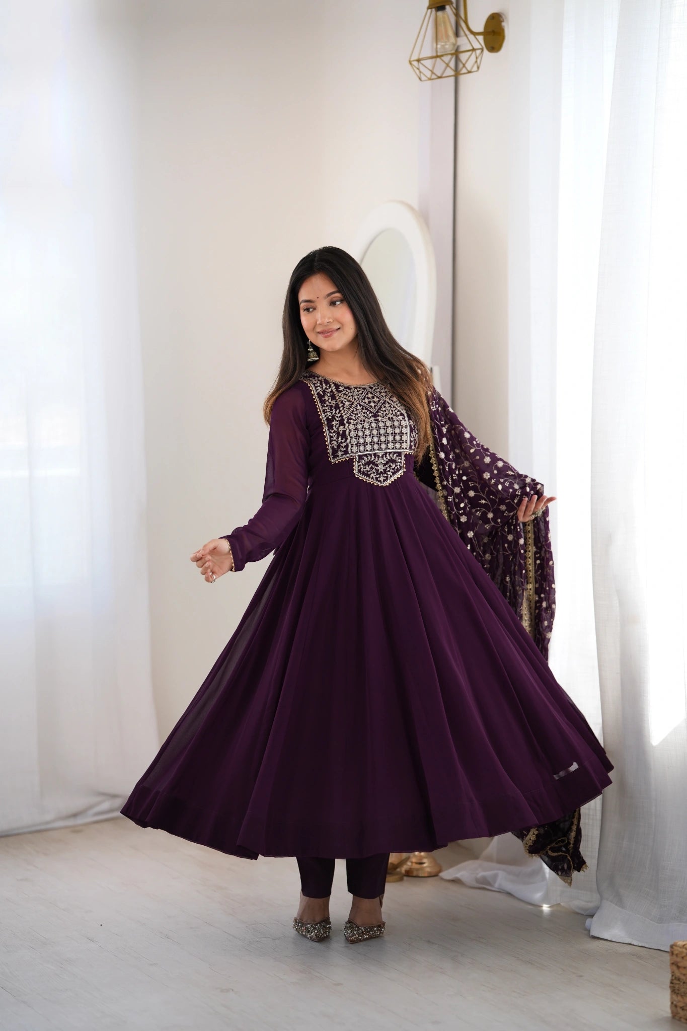 Wine Sequins Embroidered Suit full length Anarkali flare swept dupatta – Kalyanja KU283