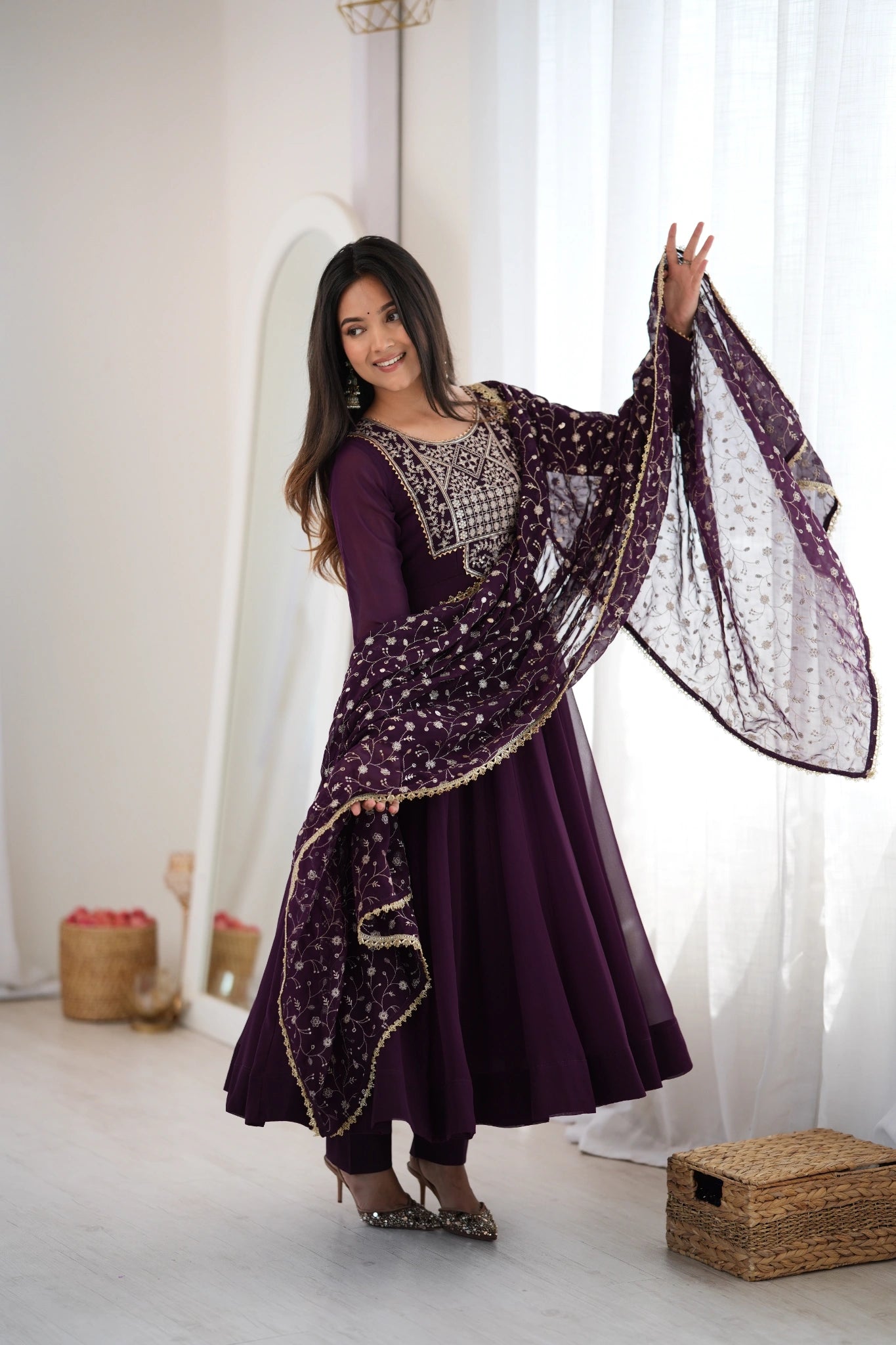 Wine Anarkali Suit dupatta flung high full length model pose – Kalyanja KU283