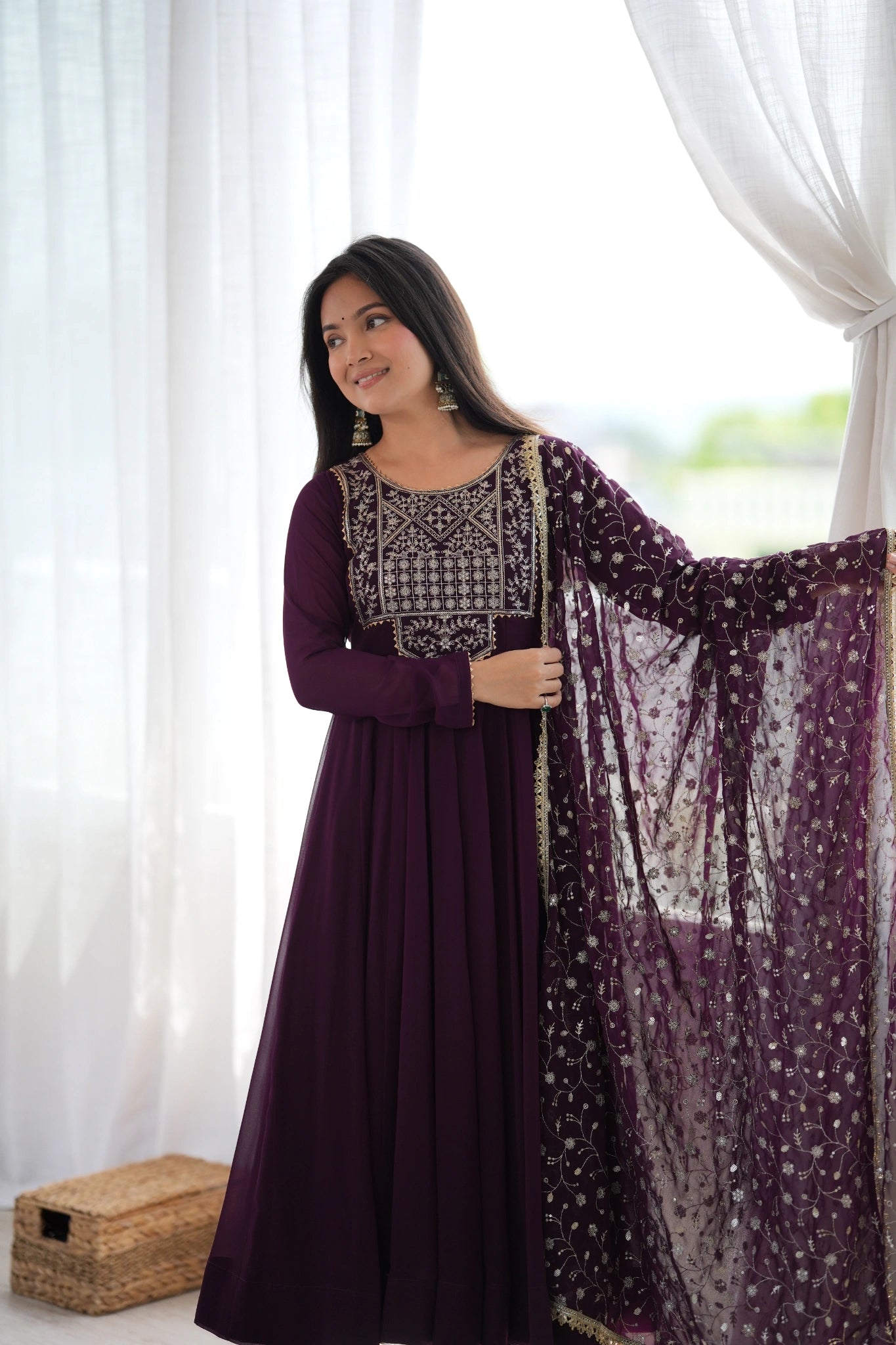Wine Sequins Embroidered Suit upper body 3/4 model 3 dupatta detail – Kalyanja KU283
