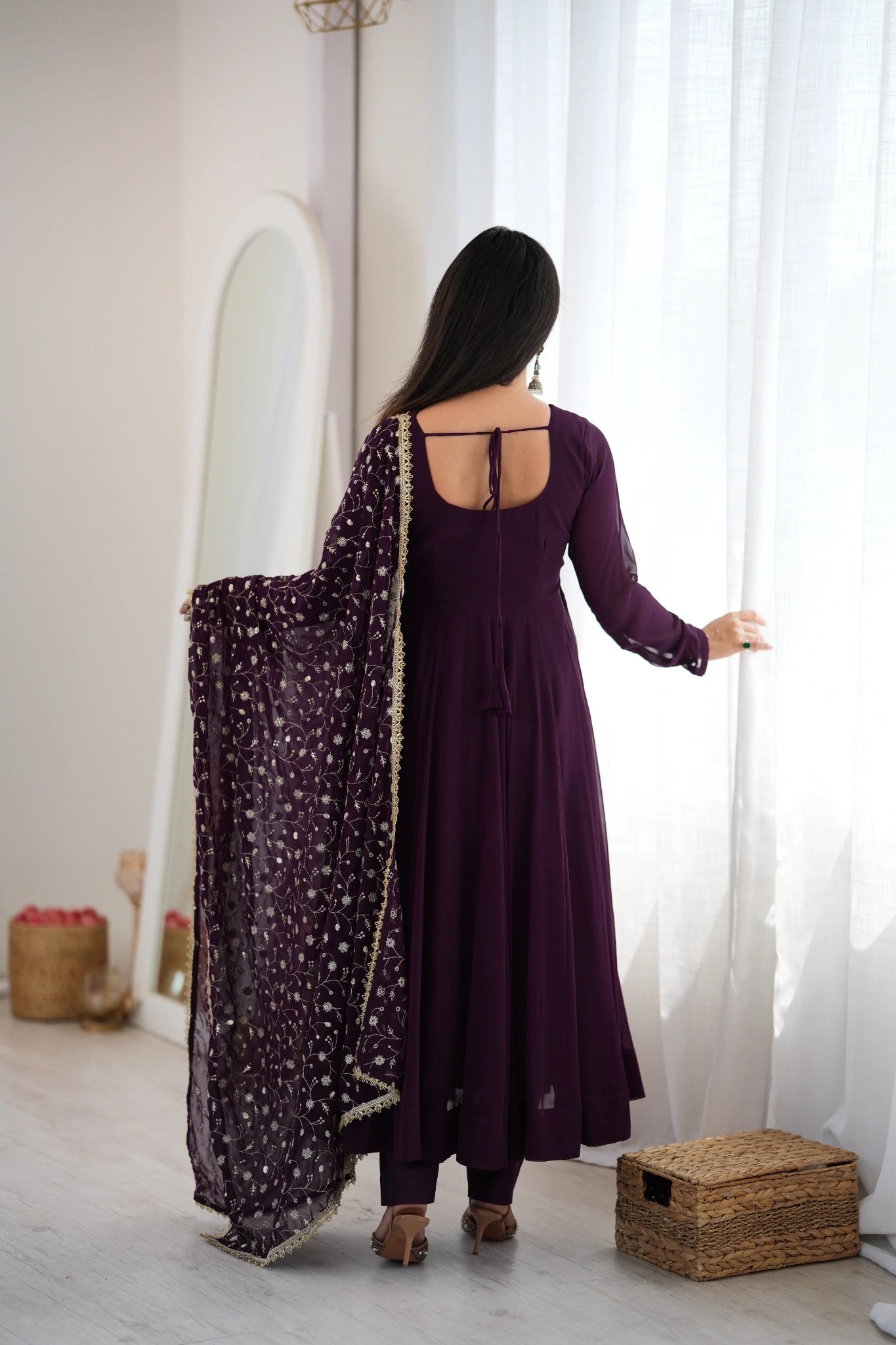 Wine Sequins Embroidered Suit back view open dori tie-up neck detail – Kalyanja KU283