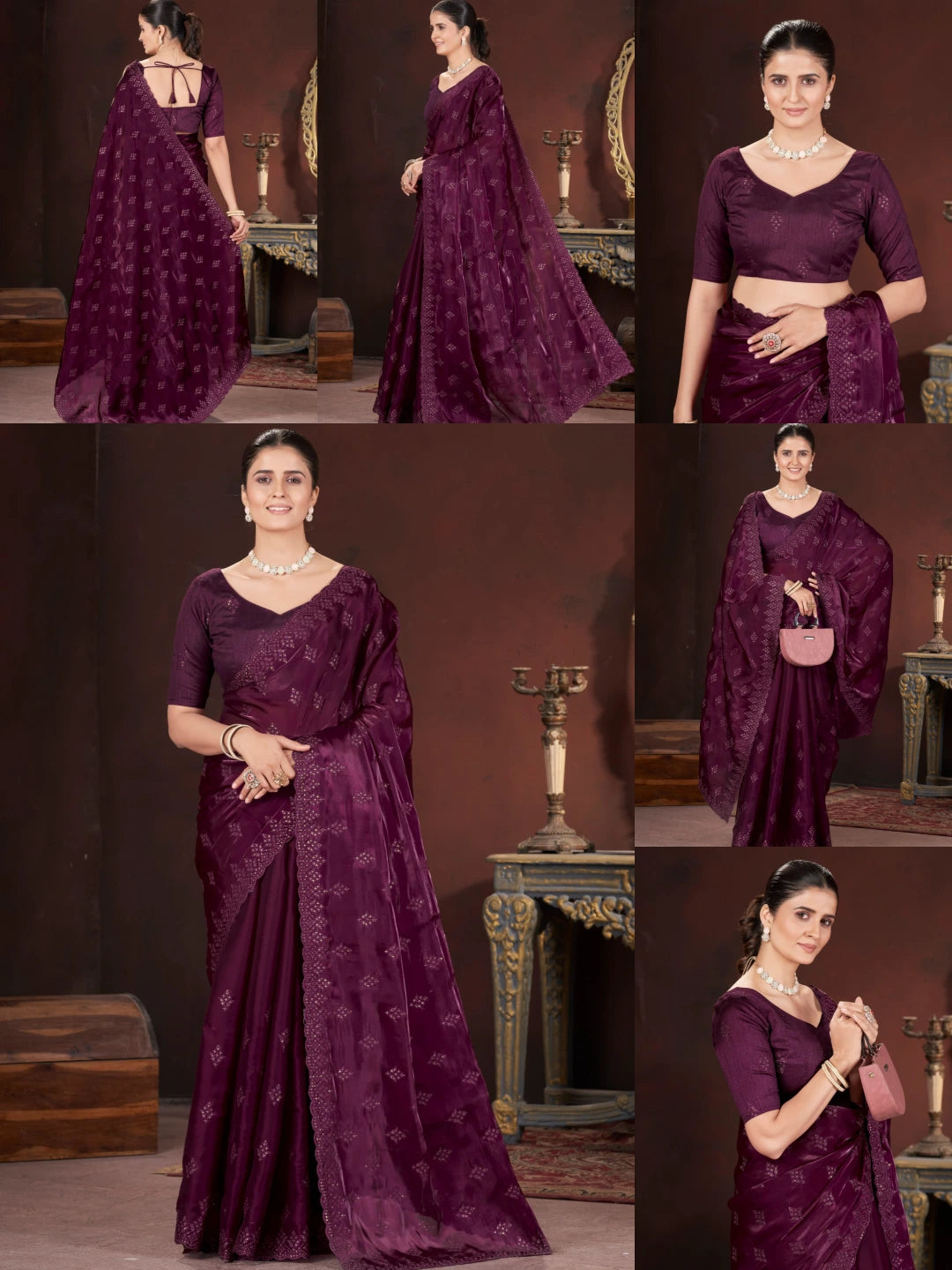 Wine Sequins Embroidered Saree collage – KS377 Kalyanja