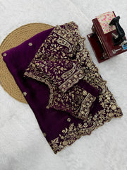 Wine saree folded with embroidered running blouse piece