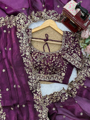 Wine saree embroidered blouse piece close view