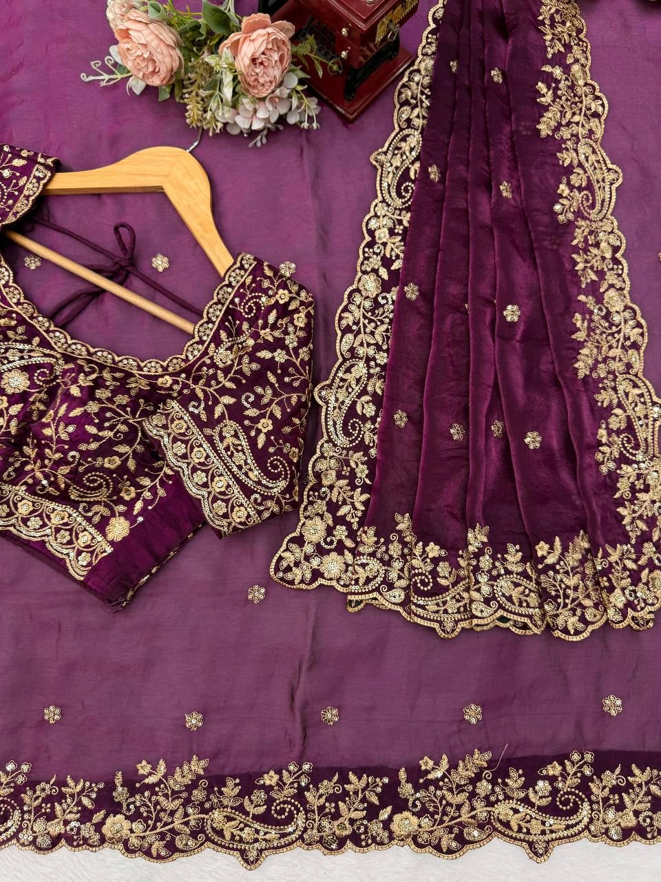 Wine saree sequins and thread work border detail