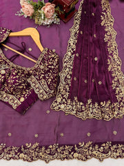 Wine saree sequins and thread work border detail