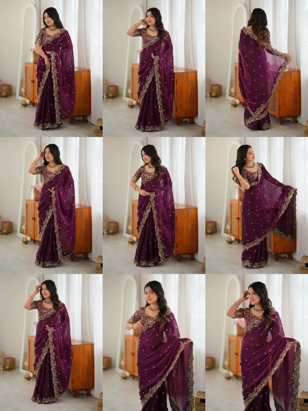 Wine Sequins Embroidered with Thread Work Saree KS352 all views