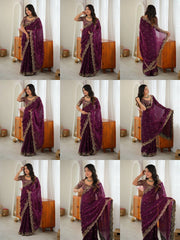 Wine Sequins Embroidered with Thread Work Saree KS352 all views
