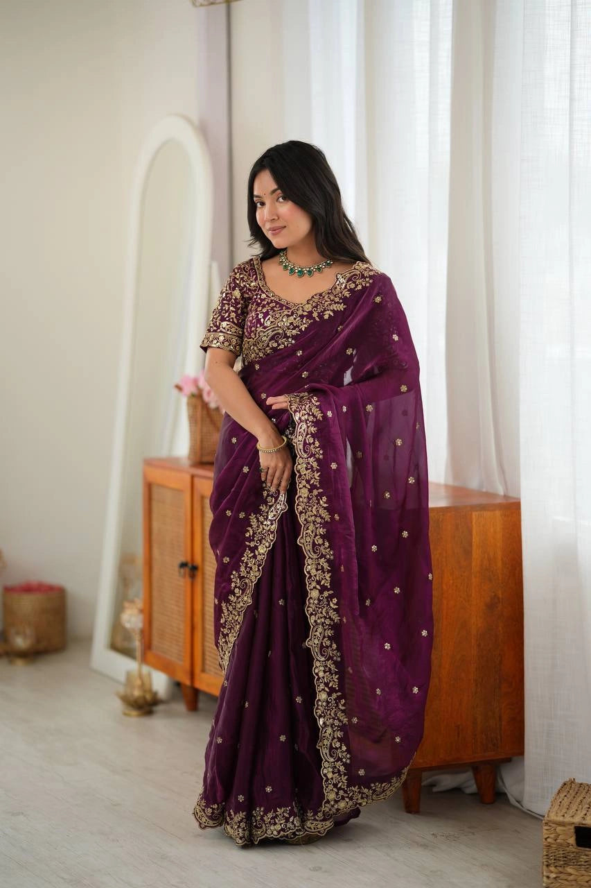 Wine Sequins Embroidered with Thread Work Saree – full drape view