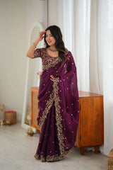 Wine saree with thread work border and embroidered pallu
