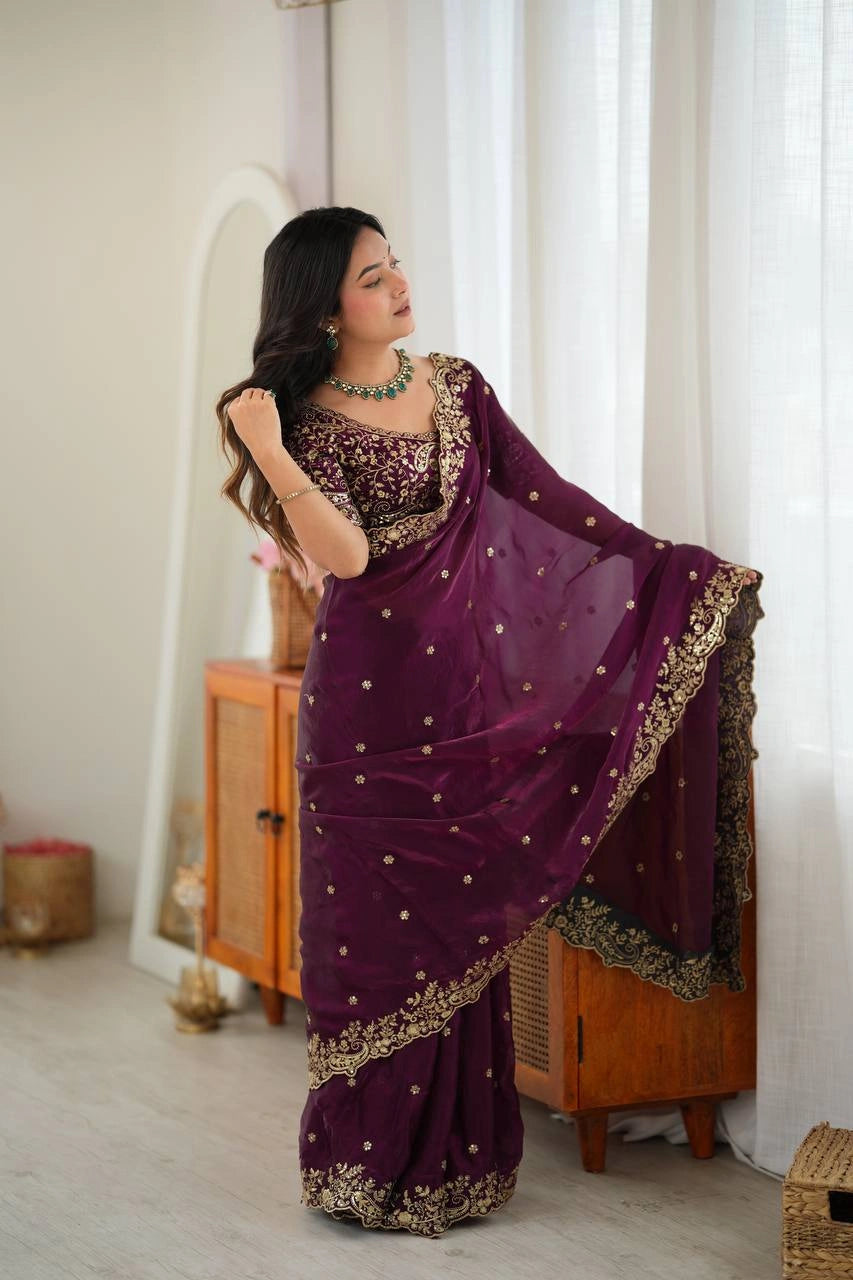 Wine fendy silk saree pallu drape side view