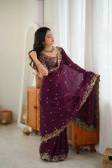 Wine fendy silk saree pallu drape side view