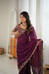 Wine sequins saree with embroidered blouse look