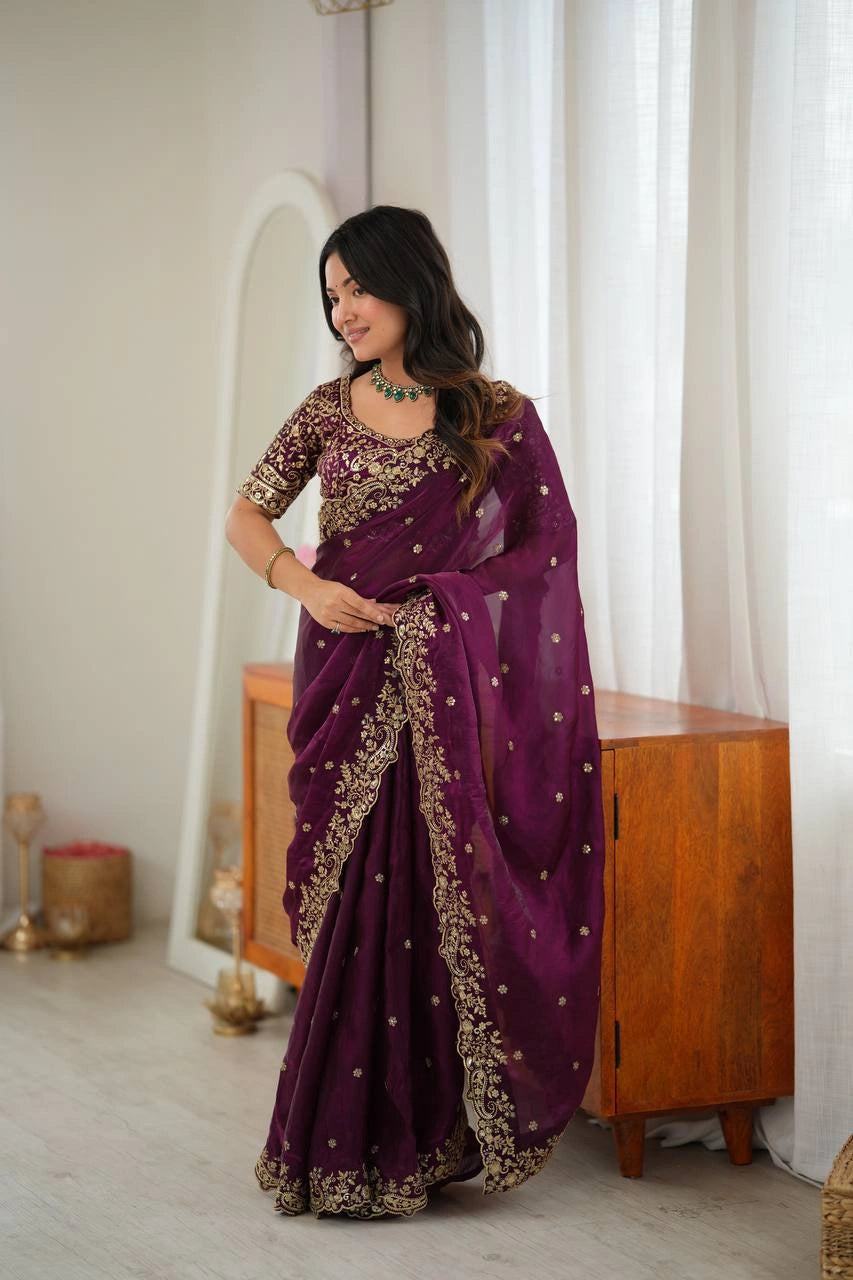 Wine saree front view with embroidered scallop border