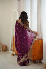 Wine Sequins Embroidered with Thread Work Saree back view