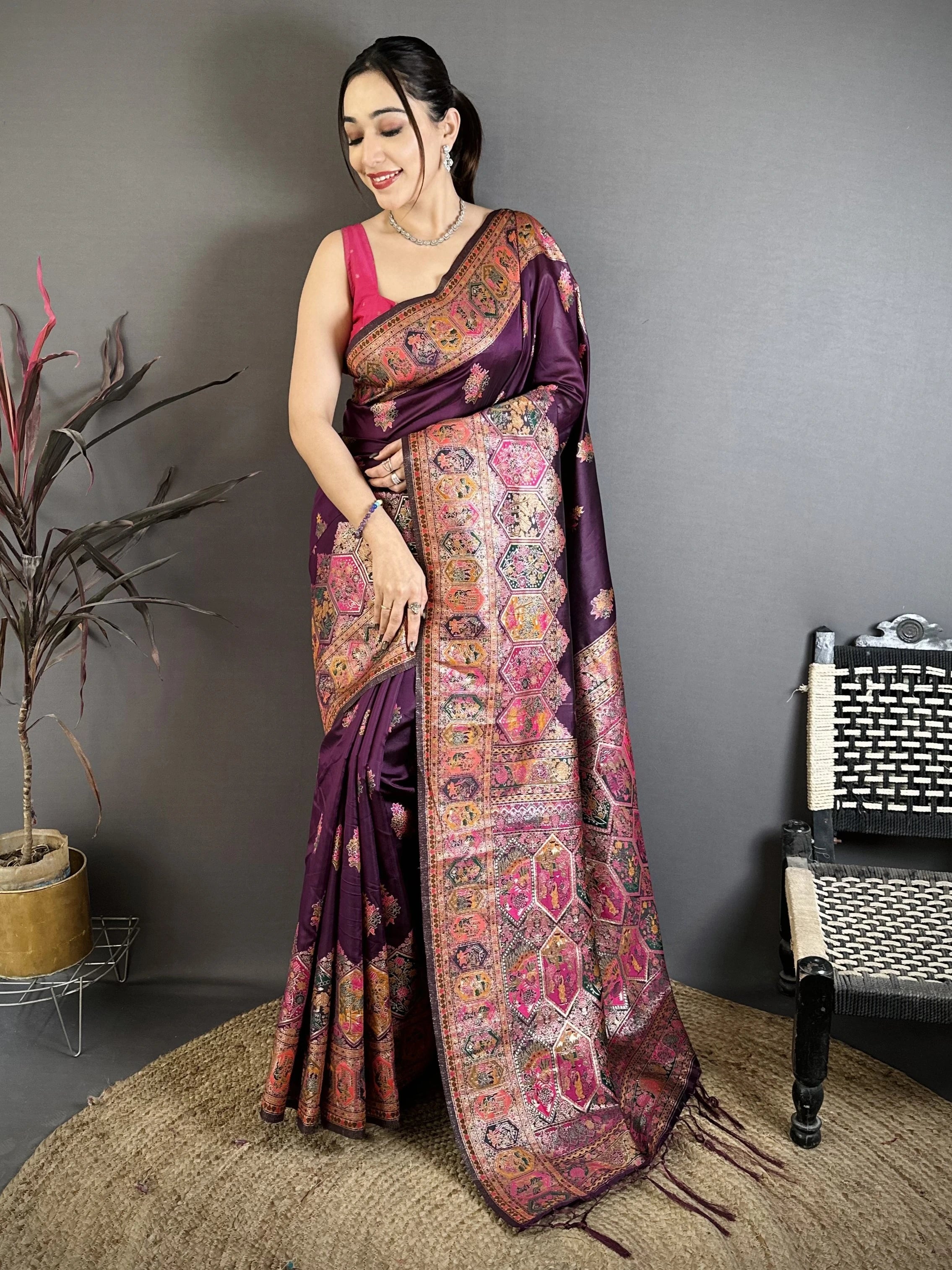 Wine Zari Weaving Saree full front drape – KS372