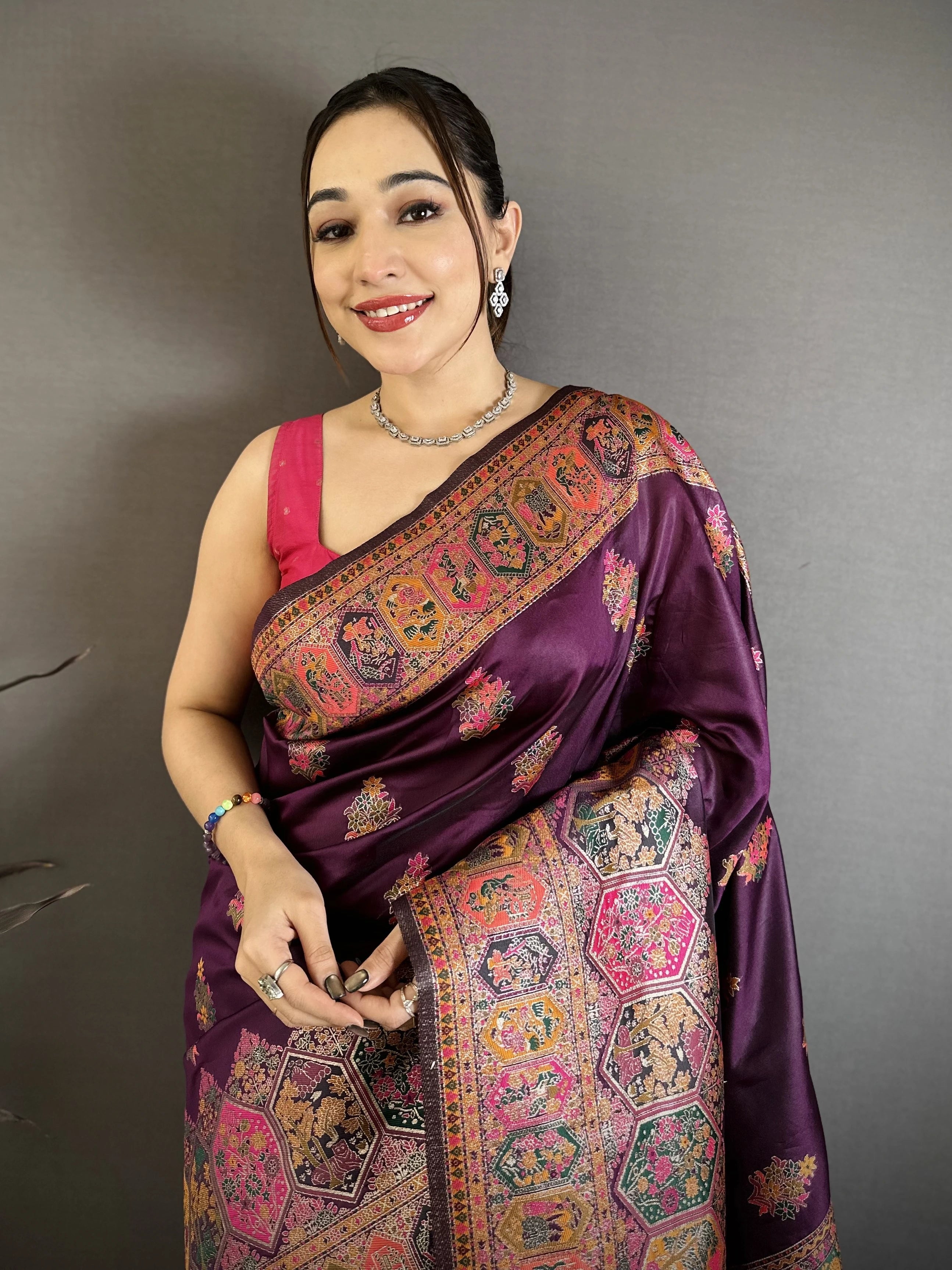Wine Pashmina Silk Blend Saree close-up draping – KS372