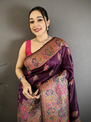 Wine Pashmina Silk Blend Saree close-up draping – KS372