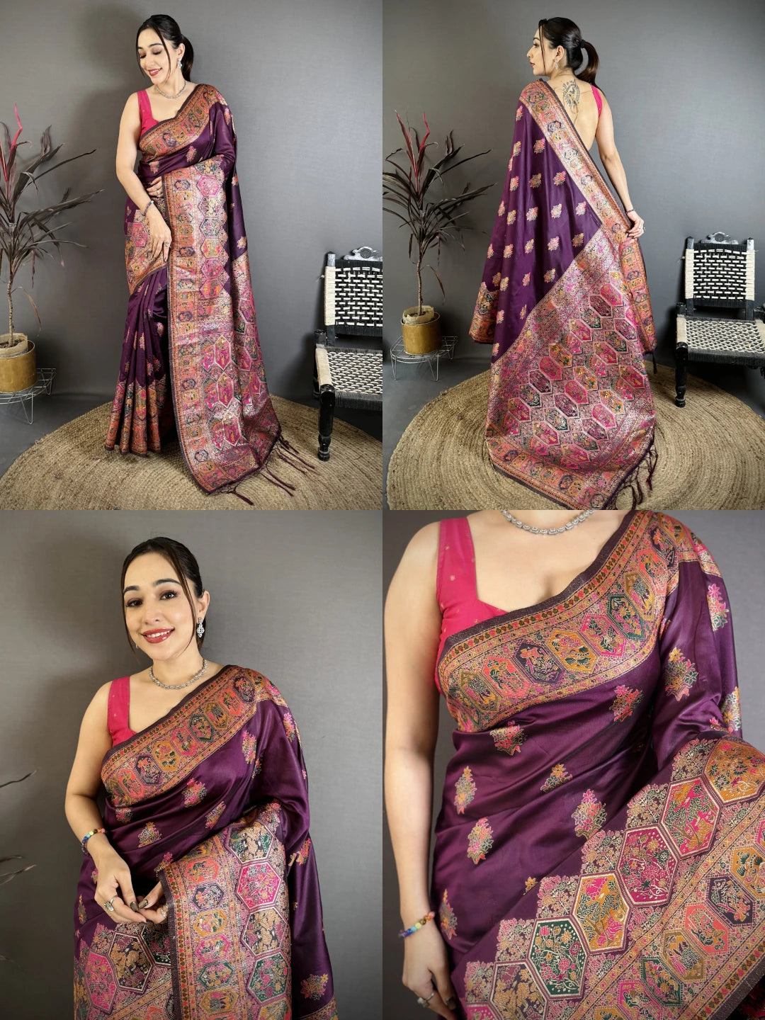 Wine Zari Weaving Saree collage – KS372 Kalyanja