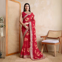 Red Printed Embroidery Work Georgette Saree