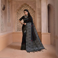 Black Kalamkari Weaving Banglori Raw Silk Saree