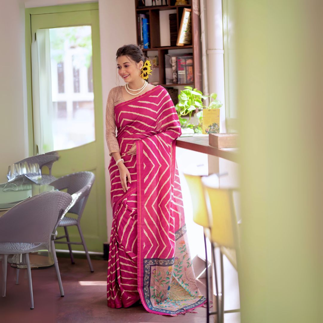 Woman Pink Geometric Silk Saree Floral Embroidered