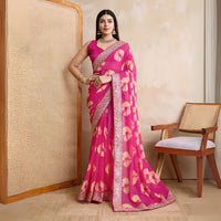 Pink Printed Embroidery Work Georgette Saree