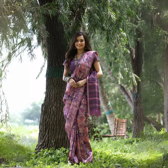 A woman models a Soft Tussar Silk Saree in dusty purple, covered in an elaborate all-over artistic print. The pallu features dense Zari weaving with a striped pattern. She wears a purple blouse and a substantial set of oxidized silver jewelry, posing against a large tree.