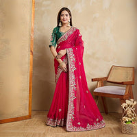 Dark Pink Embroidery Work Chiffon Silk Saree