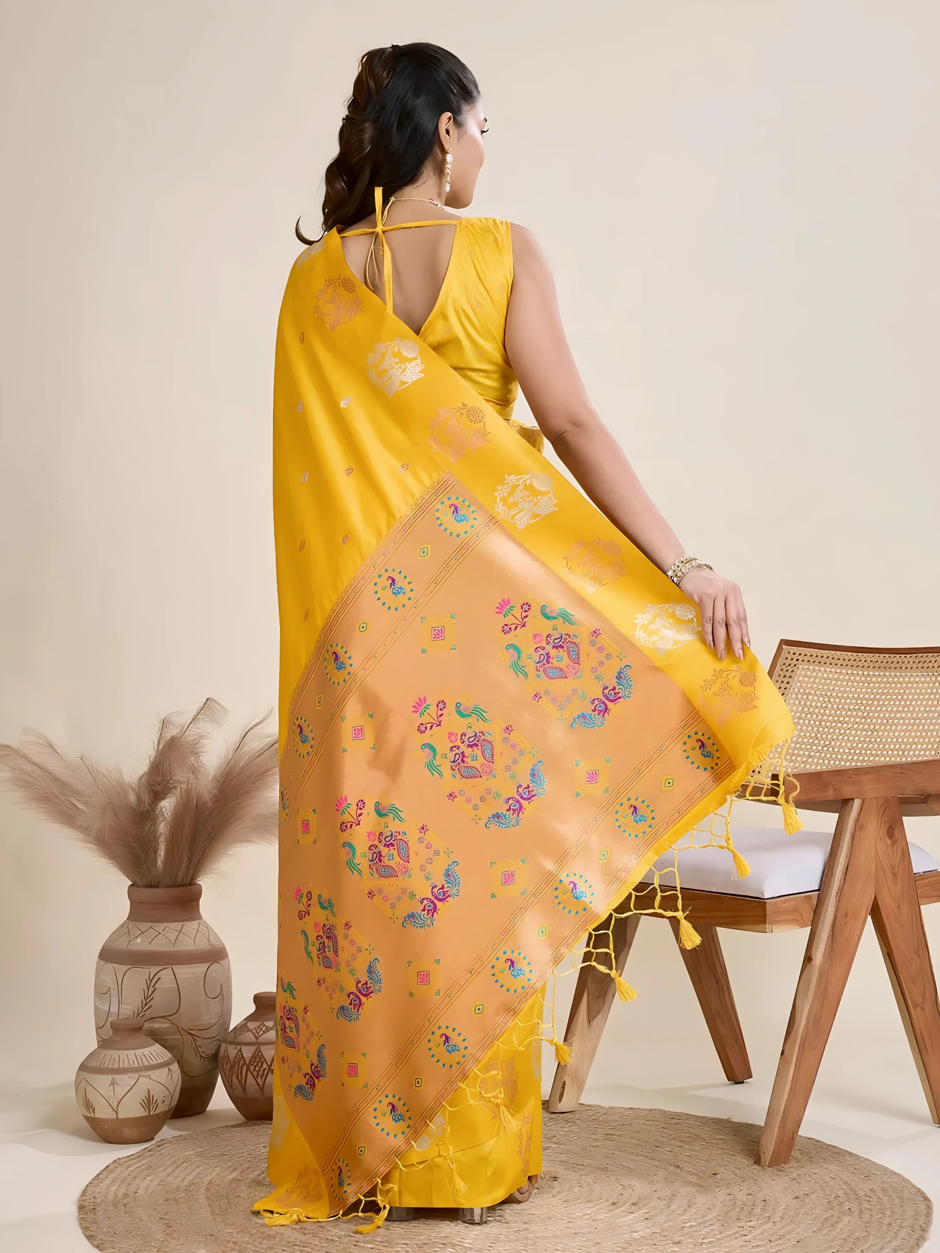 Woman wearing a vibrant yellow Banarasi silk saree with intricate pastel floral motifs and a contrasting gold border, accessorized with a statement necklace and bangles, elegantly posing beside a wooden chair in a minimalist studio setting with neutral decor, ceramic vases, and pampas grass.
