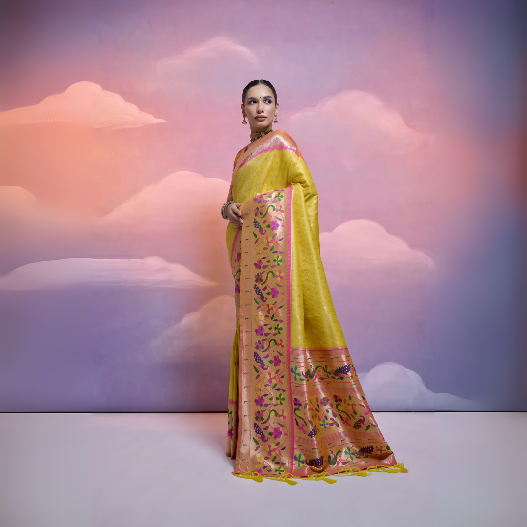 A woman models a luxurious Golden Yellow Soft Silk Saree with dense tone-on-tone weaving. The wide border and pallu feature heavy, multi-colored Paithani-style weaving in luminous peach, pink, purple, and green threads. She wears a soft pink blouse and a gold choker necklace, posing against a fantastical cloud backdrop.