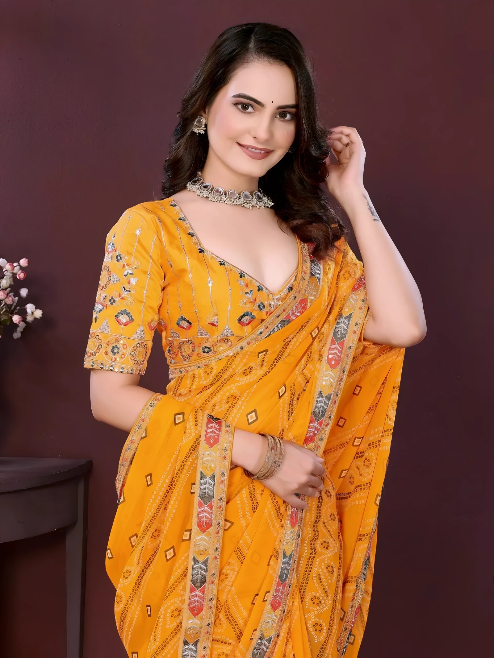Yellow Digital Print with Embroidery Work Georgette Saree