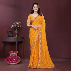 Yellow Digital Print with Embroidery Work Georgette Saree