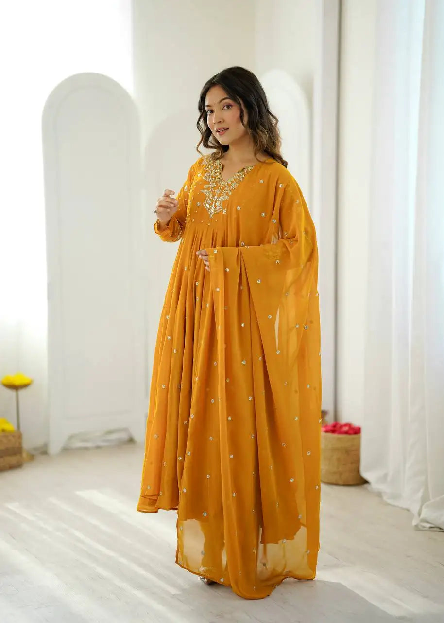 Yellow Embroidered Anarkali Suit with Straight Pant & Dupatta – Front View | KU246 | Kalyanja