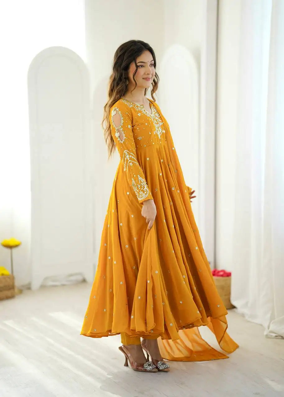 Yellow Embroidered Anarkali – Haldi & Festival Wear | KU246 | Kalyanja