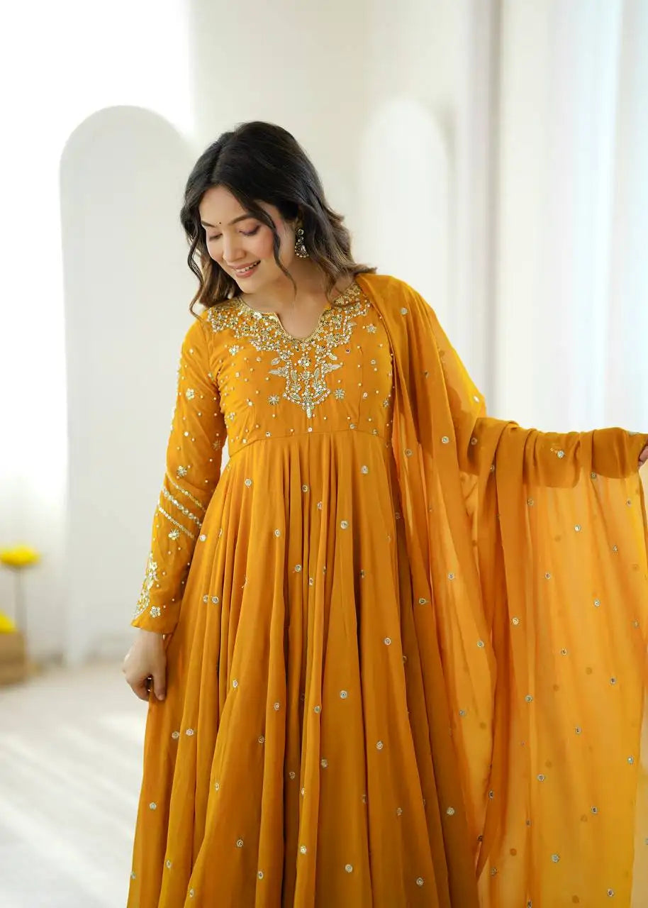 Yellow Faux Georgette Anarkali Suit – Wedding Guest Outfit | KU246 | Kalyanja