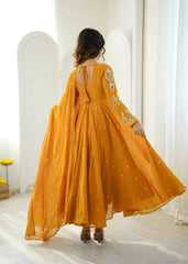 Yellow Faux Georgette Anarkali – Back View showing Open Dori Tie-Up | KU246 | Kalyanja