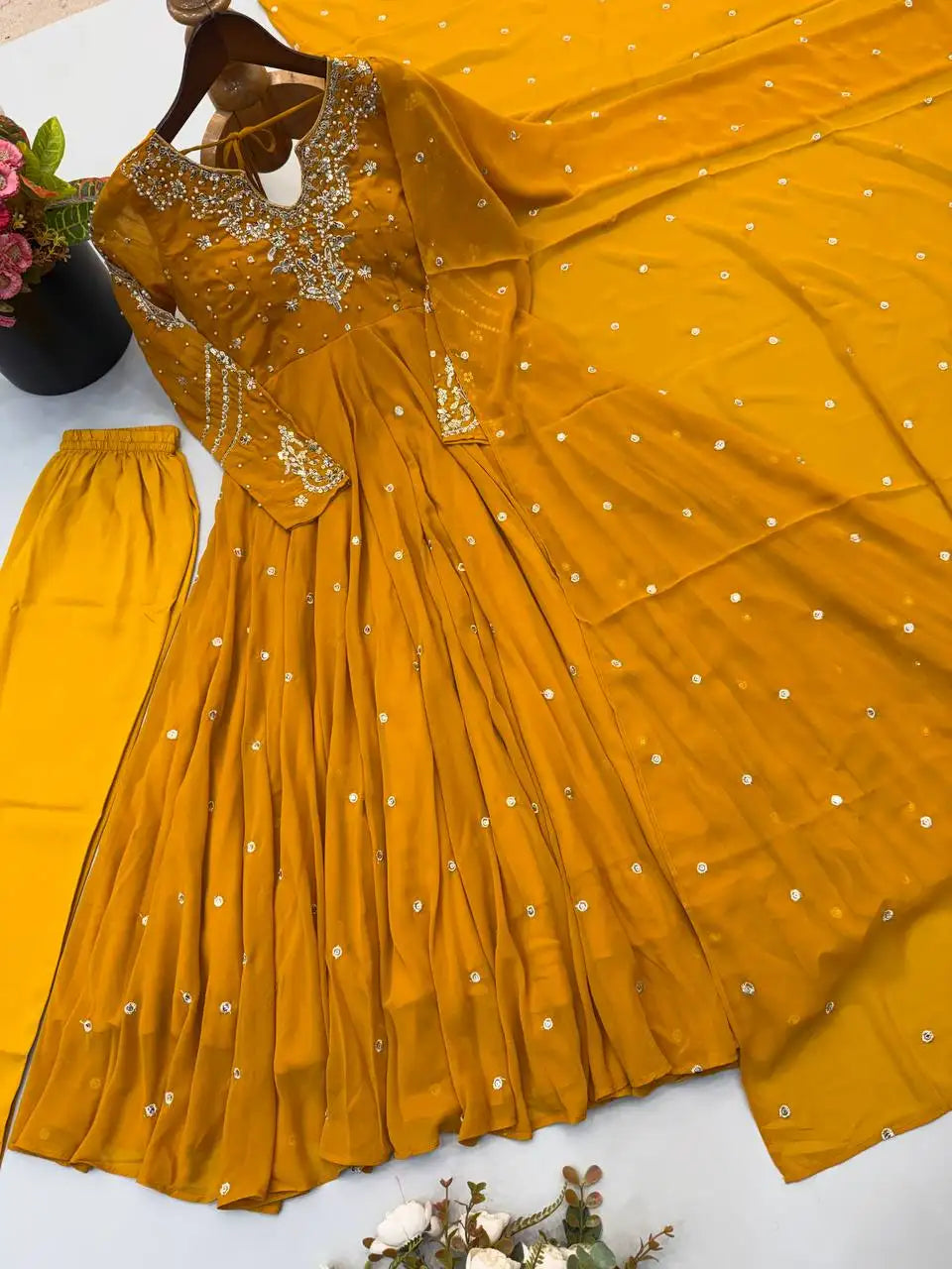 Yellow Faux Georgette Suit with Pant & Dupatta – Full Set Flat Lay | KU246 | Kalyanja