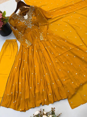 Yellow Faux Georgette Suit with Pant & Dupatta – Full Set Flat Lay | KU246 | Kalyanja