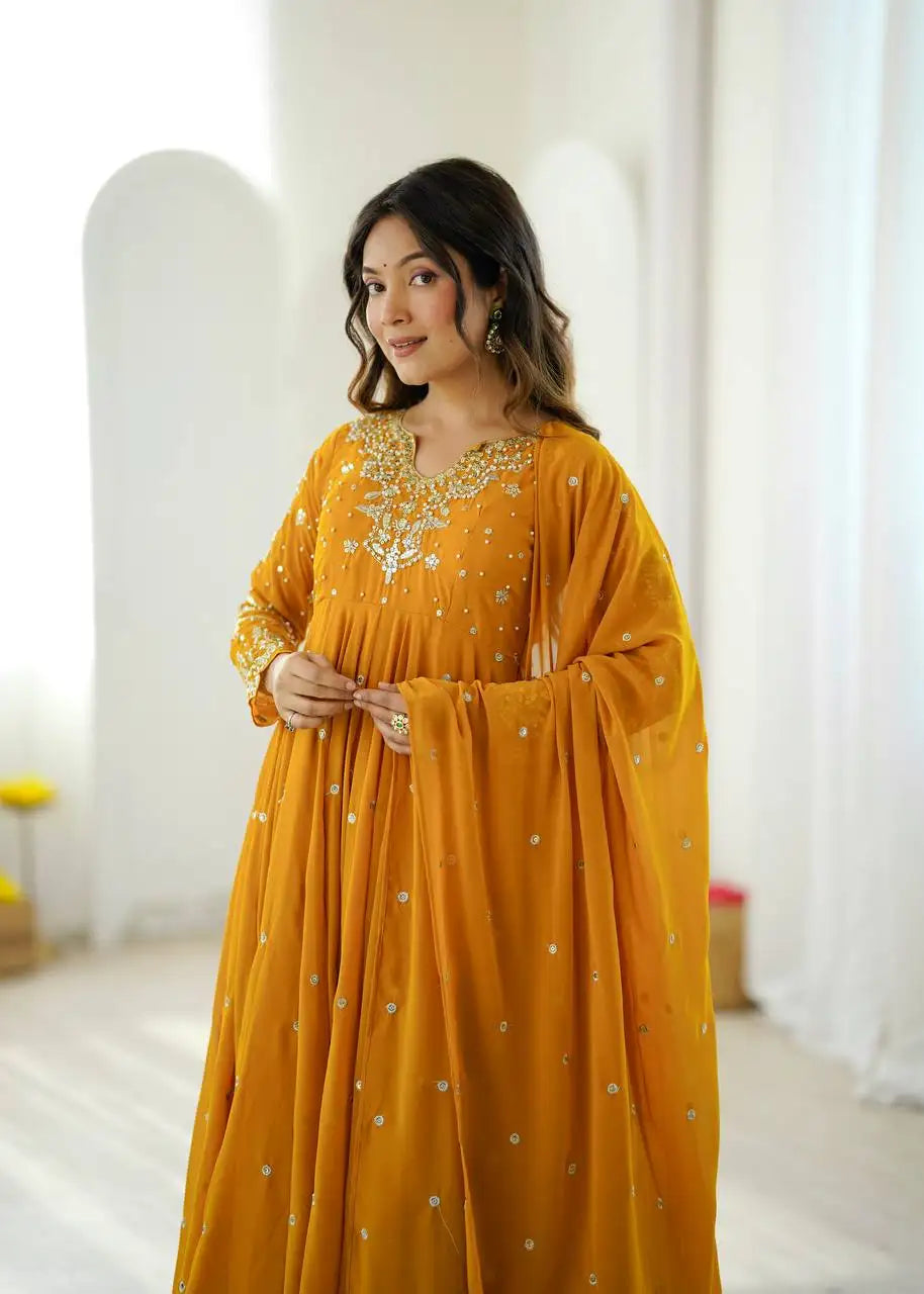 Yellow Faux Georgette Suit with Fancy Neckline – Upper Body Close Up | KU246 | Kalyanja