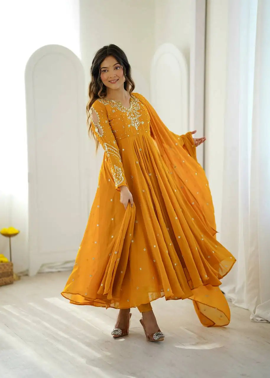 Yellow Embroidered Anarkali Suit – Dynamic Twirl Shot | KU246 | Kalyanja