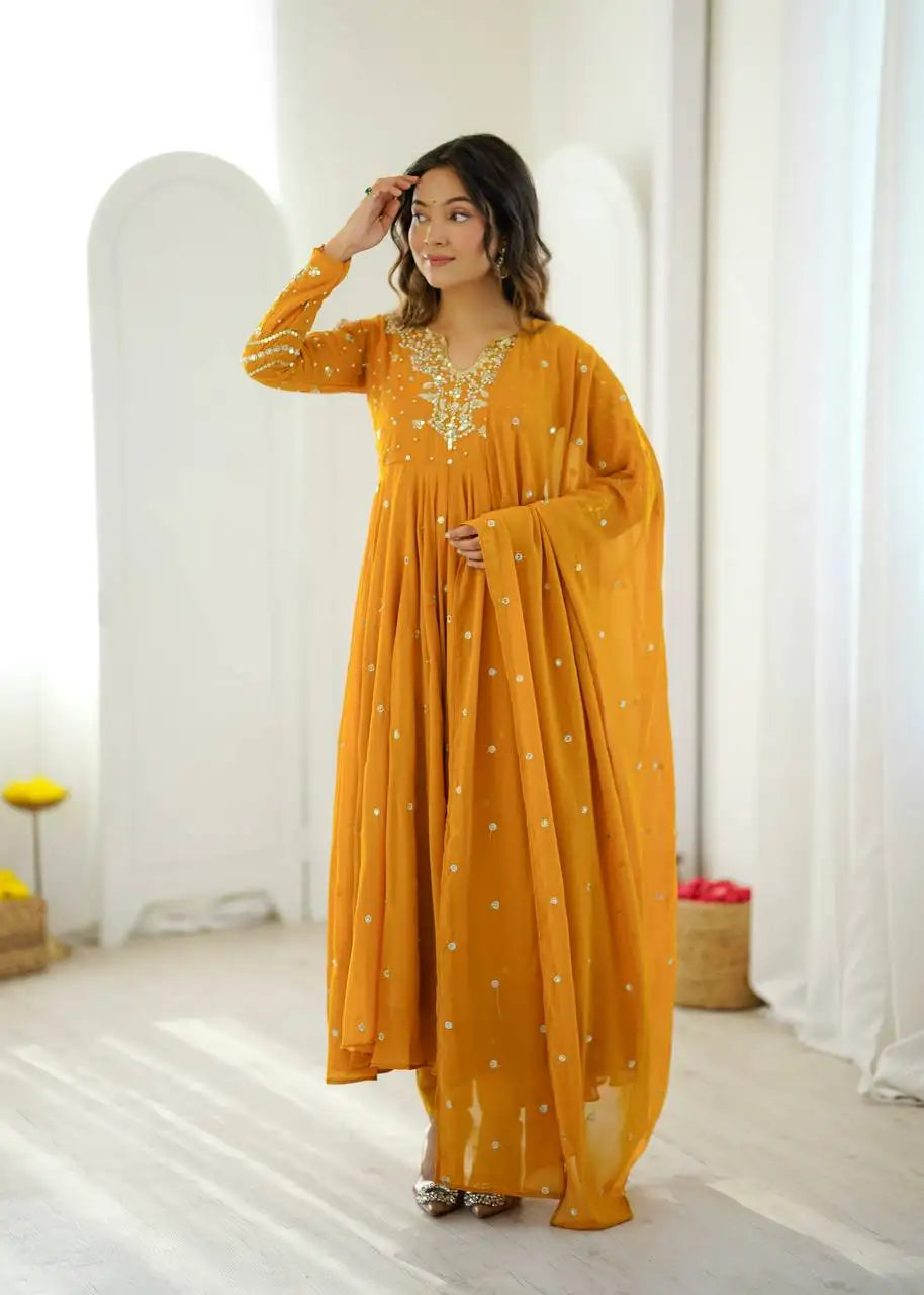 Yellow Embroidered Anarkali Suit – Festive Model Look | KU246 | Kalyanja