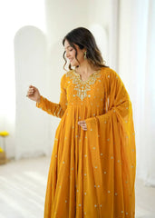 Yellow Suit with Fancy Neckline & Full Sleeve – Styled Shot | KU246 | Kalyanja