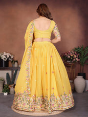 Yellow Cut Work Lehenga angled pose full length dupatta draped – Kalyanja KL171